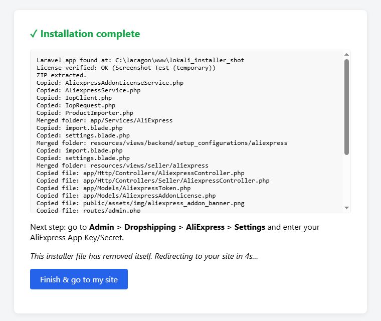 Installer success screen after running the web-based install